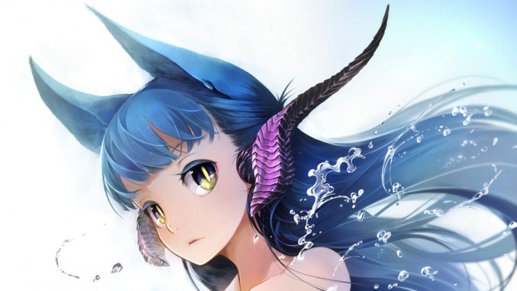 blue hair, Long hair, Anime, Anime girls, Animal ears, Yellow eyes HD Wallpaper Desktop Background