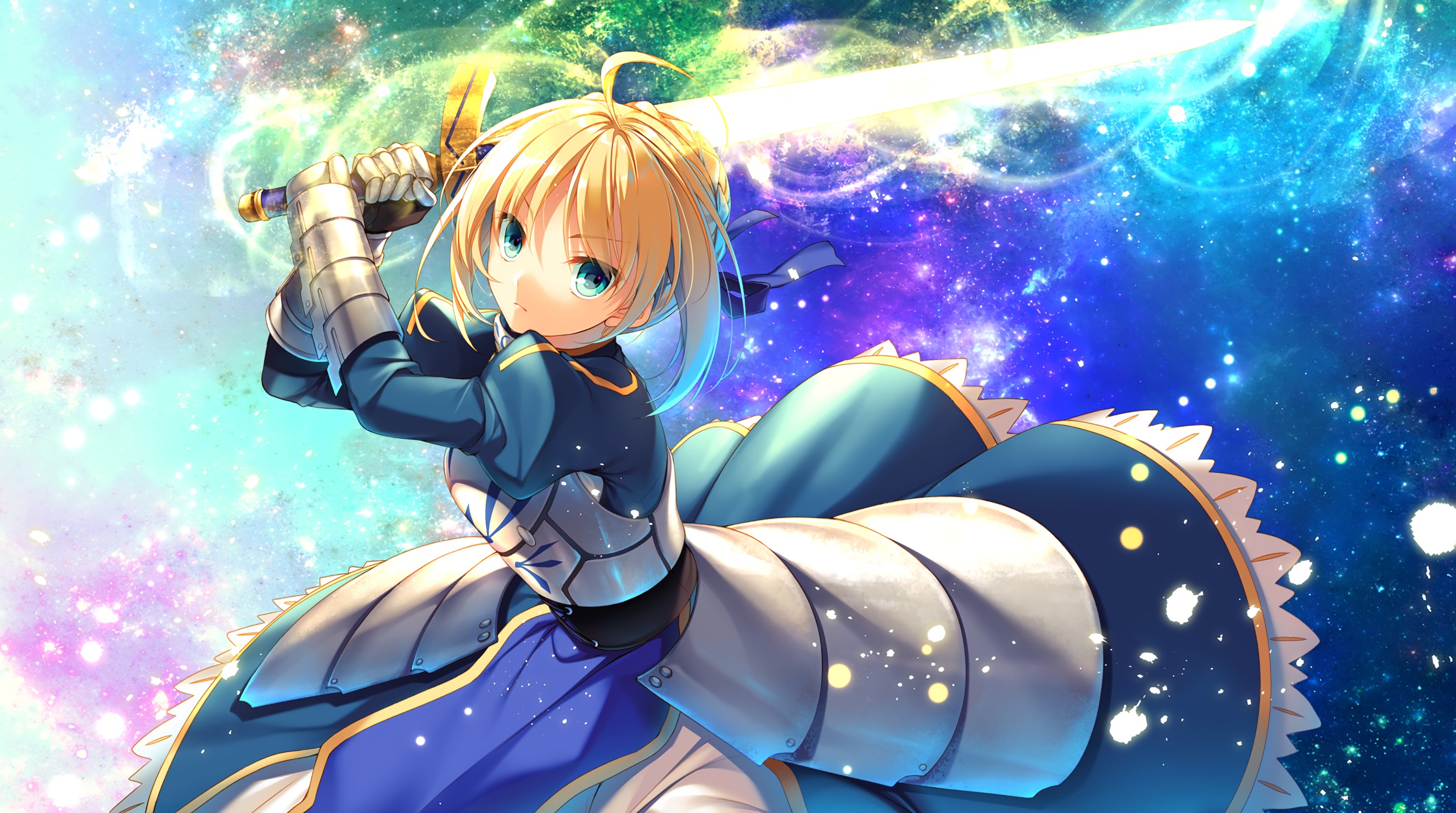 anime girl with blonde hair and blue eyes with sword