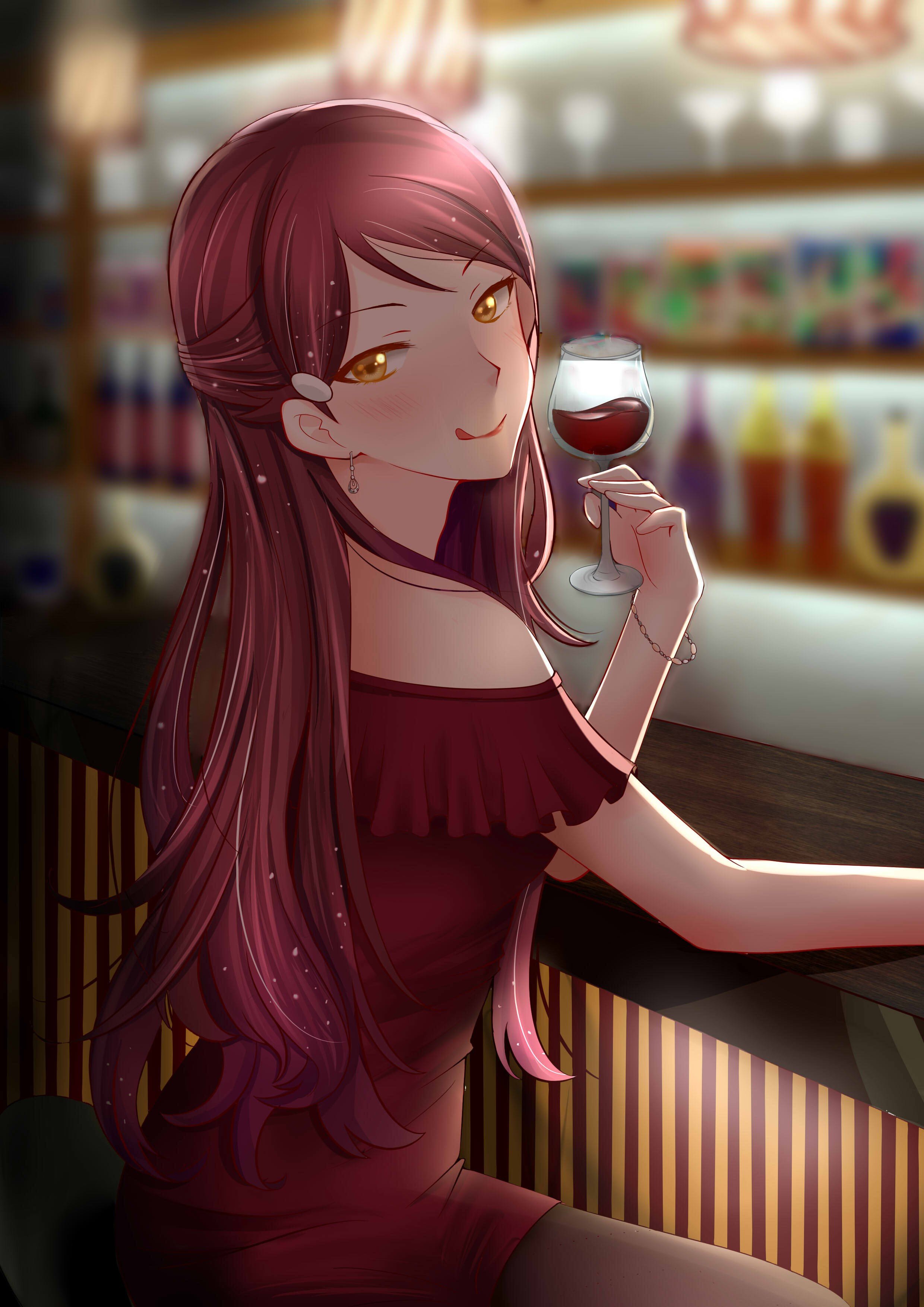 long hair, Redhead, Anime, Anime girls, Love Live!, Love Live! Sunshine, Sakurauchi Riko, Yellow eyes, Wine Wallpaper