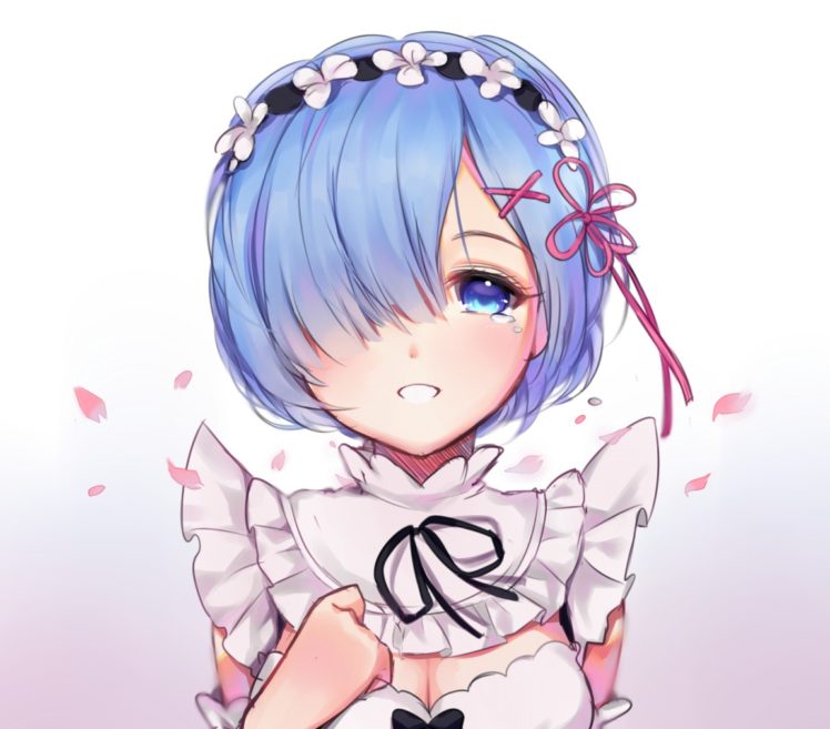 short hair, Blue hair, Blue eyes, Anime, Anime girls, Crying, Re: Zero Kara Hajimeru Isekai Seikatsu, Rem (Re: Zero), Open shirt, Maid HD Wallpaper Desktop Background