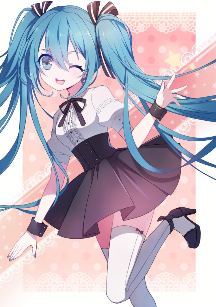 long hair, Blue hair, Blue eyes, Anime, Anime girls, Vocaloid, Hatsune Miku, Twintails, Dress, Stockings HD Wallpaper Desktop Background