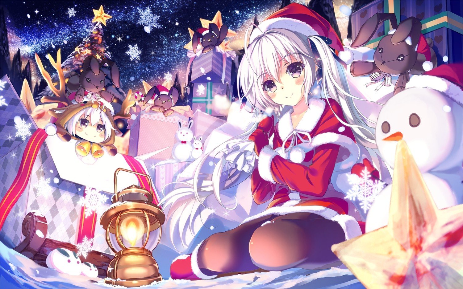 snowman, White hair, Long hair, Anime girls, Santa costume, Snow, Night, Smiling Wallpaper