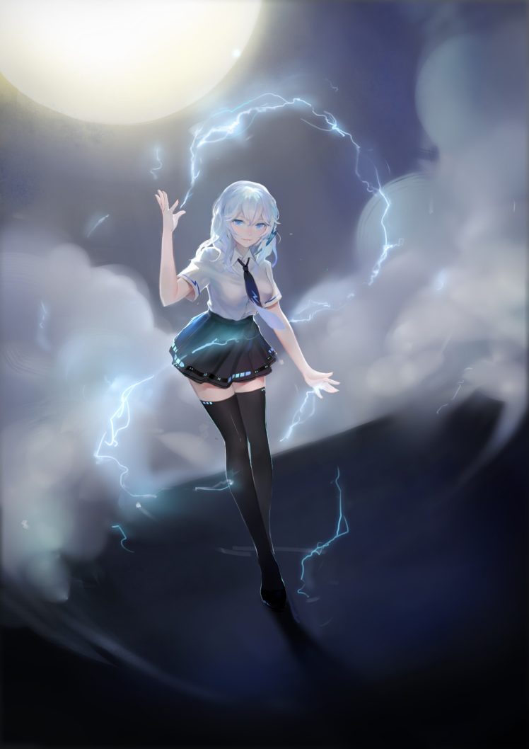 white hair, Houkai Gakuen, School uniform, Stockings, Pantyhose, Lightning, Clouds, Aqua eyes, Tie, Thigh highs HD Wallpaper Desktop Background