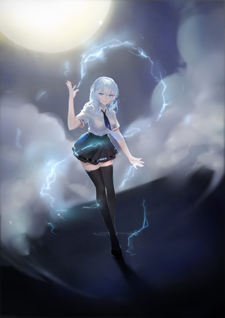 White Hair Houkai Gakuen School Uniform Stockings Pantyhose Lightning Clouds Aqua Eyes Tie Thigh Highs Hd Wallpapers Desktop And Mobile Images Photos