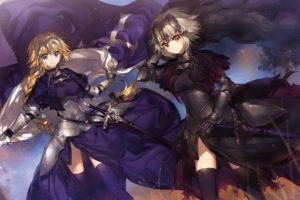 blonde, Armor, Dress, Fate Apocrypha, Fate Grand Order, Fate Stay Night, Jeanne d&039;Arc, Sword, Thigh highs, Violet dress, Red dress, Cloaks