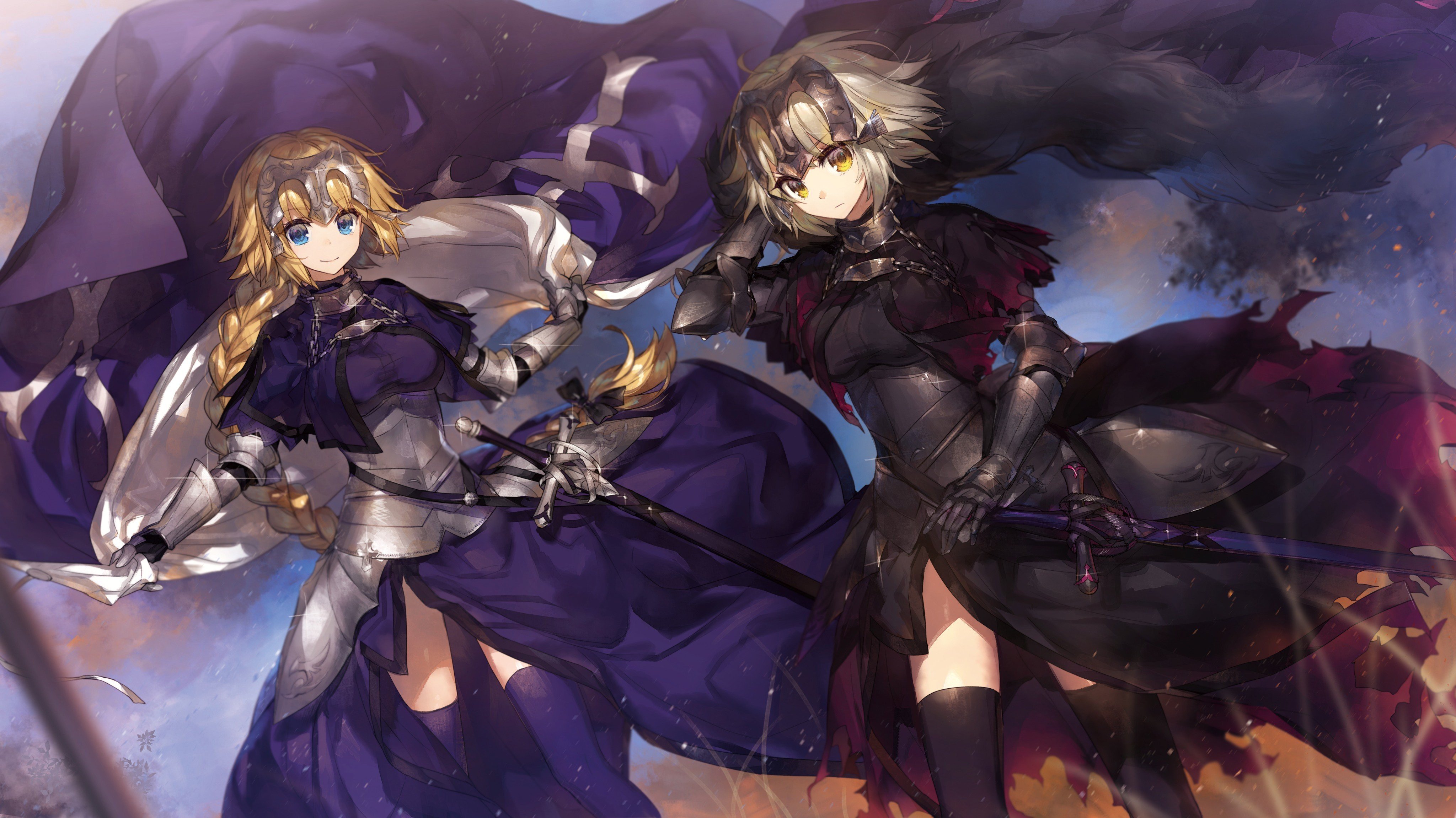 blonde, Armor, Dress, Fate Apocrypha, Fate Grand Order, Fate Stay Night, Jeanne d&039;Arc, Sword, Thigh highs, Violet dress, Red dress, Cloaks Wallpaper