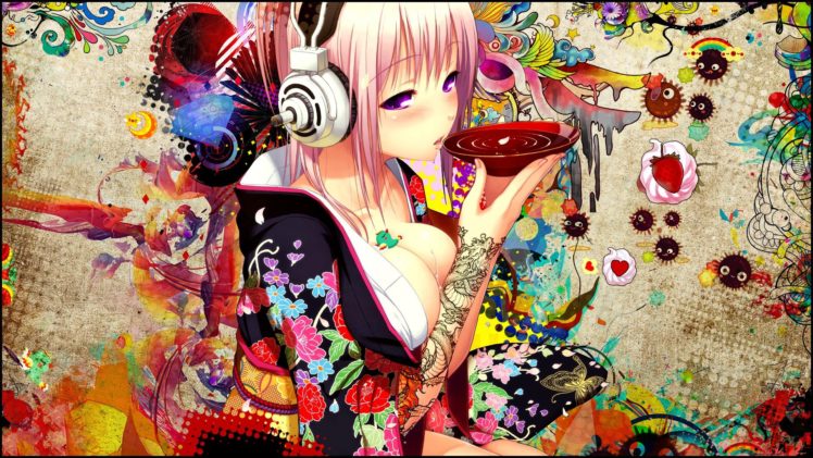 short hair, Holding boobs, Anime girls, Headphones HD Wallpaper Desktop Background