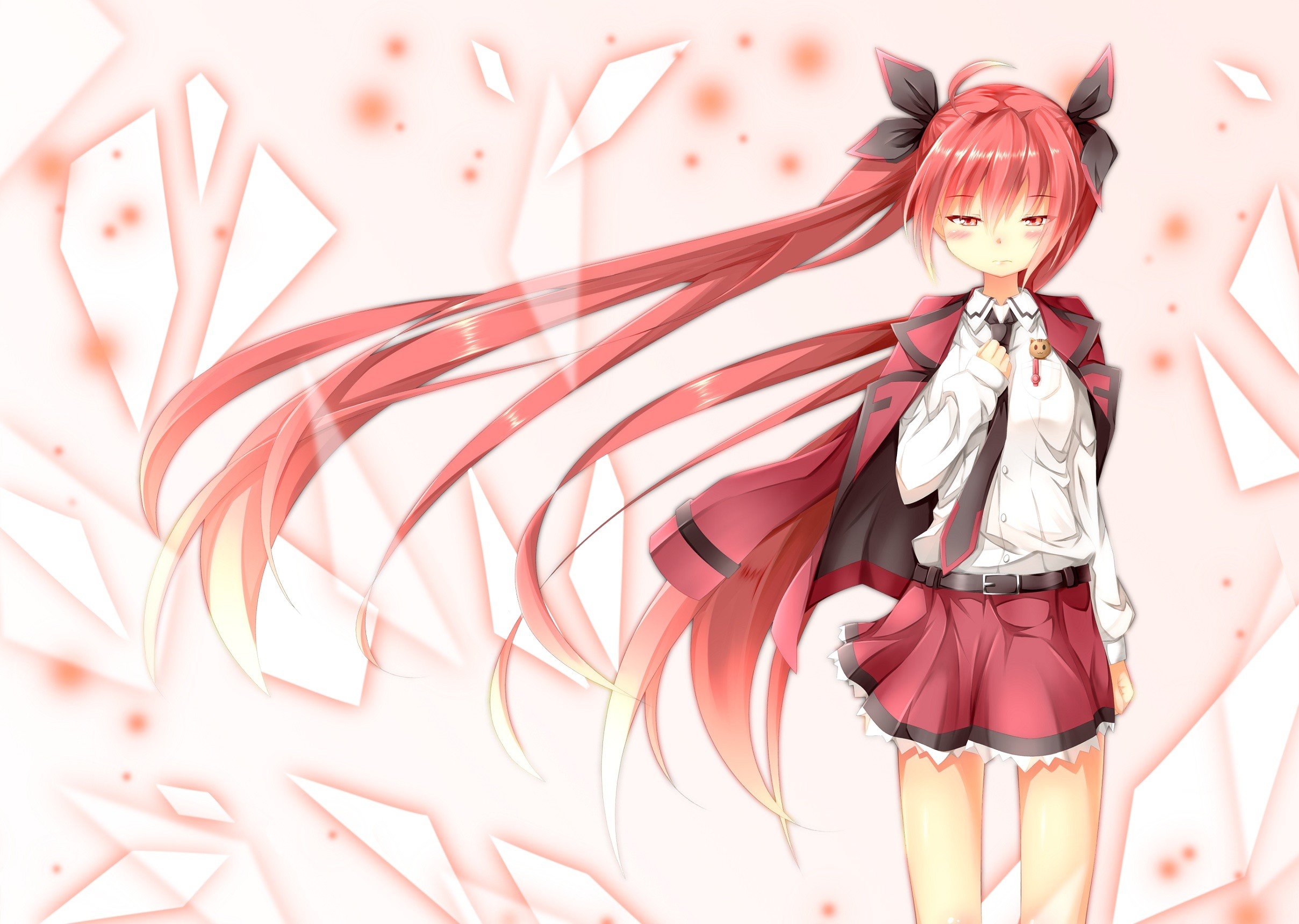 long hair, Red eyes, Redhead, Simple background, Blushing, Date A Live, Itsuka Kotori, School uniform, Skirt, Red skirt, Tie, Twintails Wallpaper
