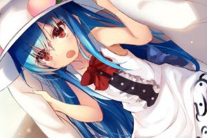 blue hair, Sun hats, Digital anime art, Anime, Anime girls, Dress