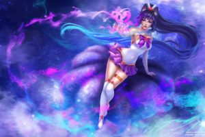 Ahri (League of Legends), Ponytail, Animal ears, Fox girl, Tail, Elbow gloves, Thigh highs