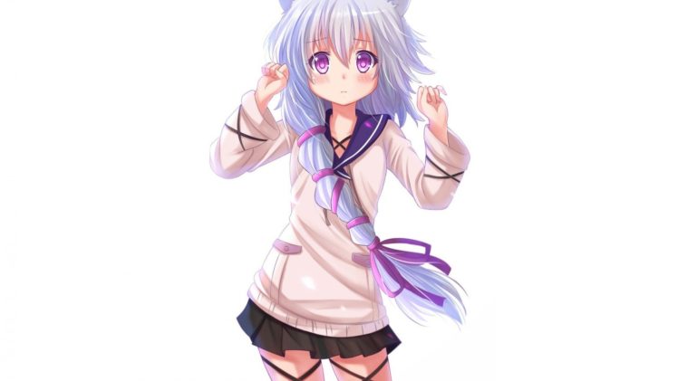 white hair, Long hair, Purple eyes, Anime, Anime girls, Simple background, Hair ornament, Cat ears, Blushing HD Wallpaper Desktop Background
