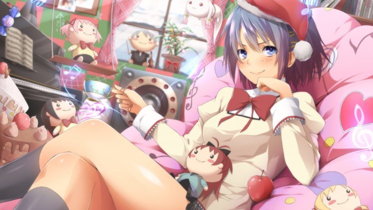 blue eyes, Short hair, Anime, Anime girls, Smiling, Christmas, Santa hats, Cup, Room, Mahou Shoujo Madoka Magica, Miki Sayaka HD Wallpaper Desktop Background