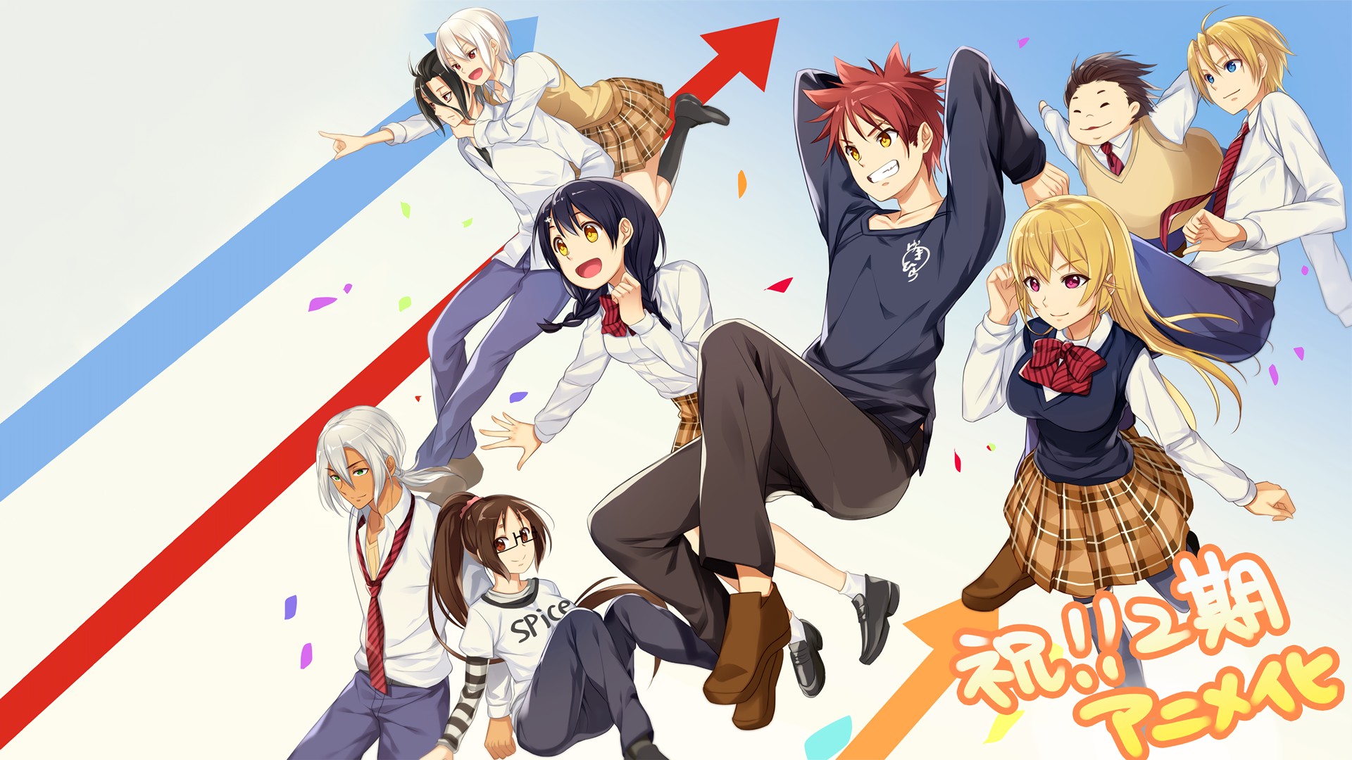 Shokugeki no Souma, Nakiri Erina, Nakiri Alice, Yukihira Soma, Tadokoro Megumi, Hayama Akira, Aldini Takumi, Kurokiba Ryo, Anime Wallpaper