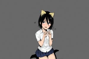 NaPaTa, Short hair, Blue eyes, Schoolgirl, Black hair, Short skirt, School uniform, Cat ears, Anime, Manga, Anime girls