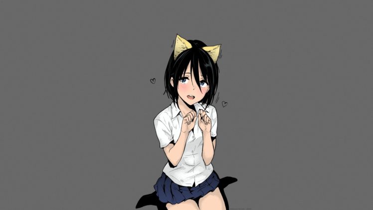 NaPaTa, Short hair, Blue eyes, Schoolgirl, Black hair, Short skirt, School uniform, Cat ears, Anime, Manga, Anime girls HD Wallpaper Desktop Background