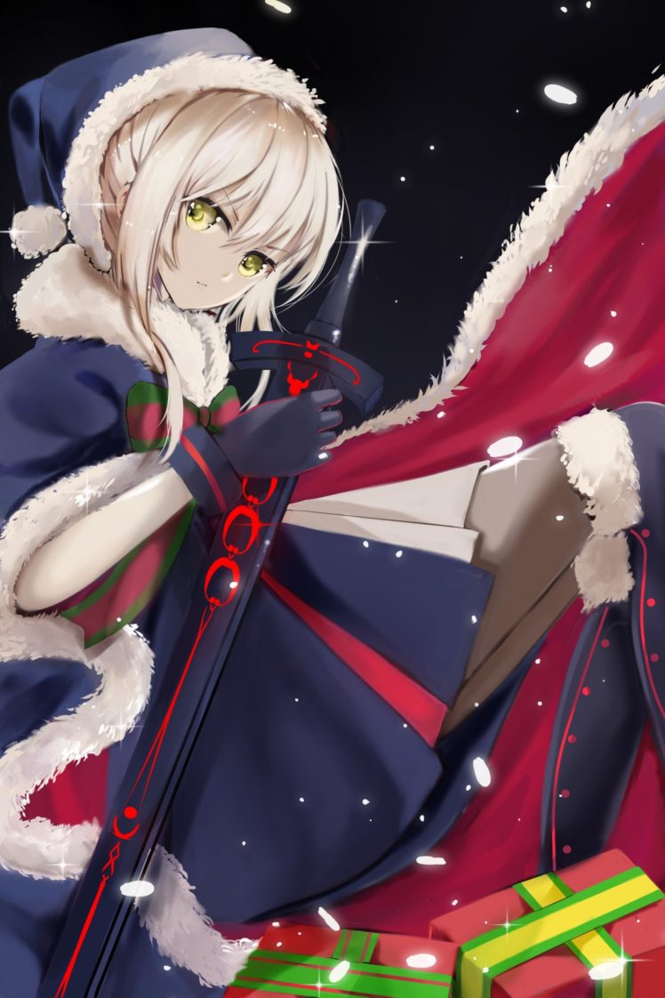 Christmas, Fate Grand Order, Pantyhose, Saber Alter, Saber, Sword, Cloaks, Gloves, Simple background HD Wallpaper Desktop Background