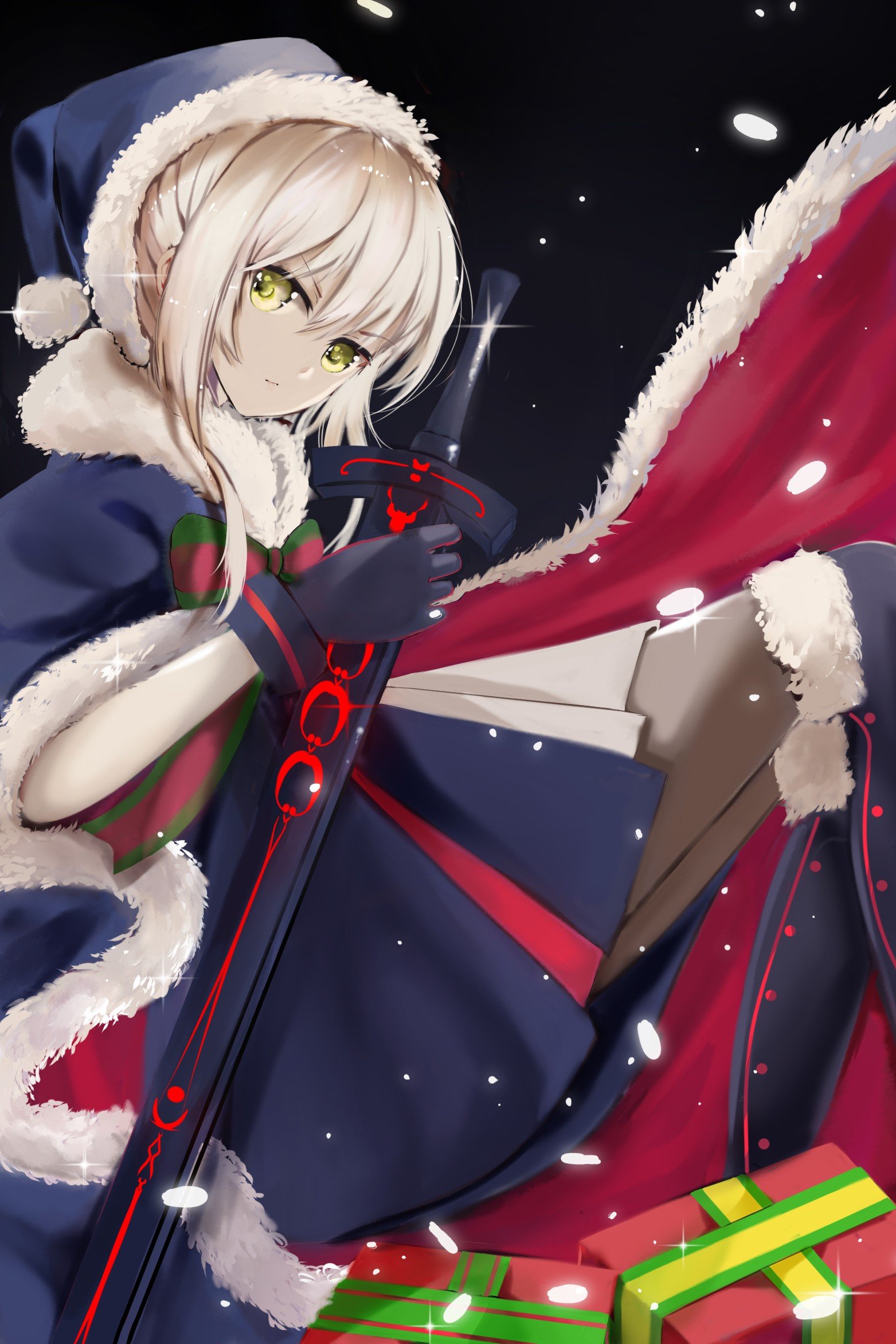 Christmas, Fate Grand Order, Pantyhose, Saber Alter, Saber, Sword, Cloaks, Gloves, Simple background Wallpaper