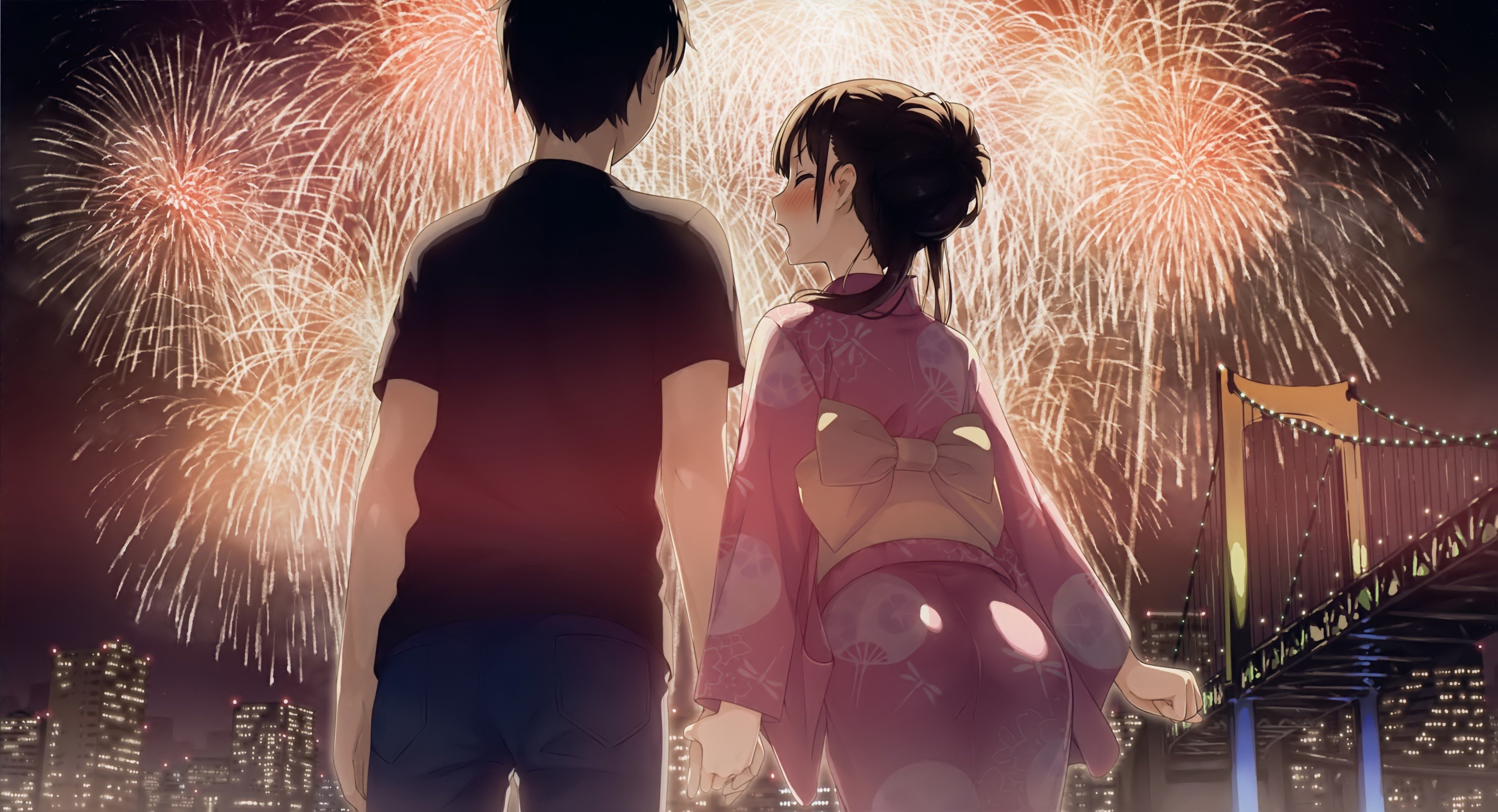 short hair, Happy new year, New Year, Fireworks, Blushing, Building, City,  Cityscape, Yukata, Anime, Anime girls HD Wallpapers / Desktop and Mobile  Images & Photos