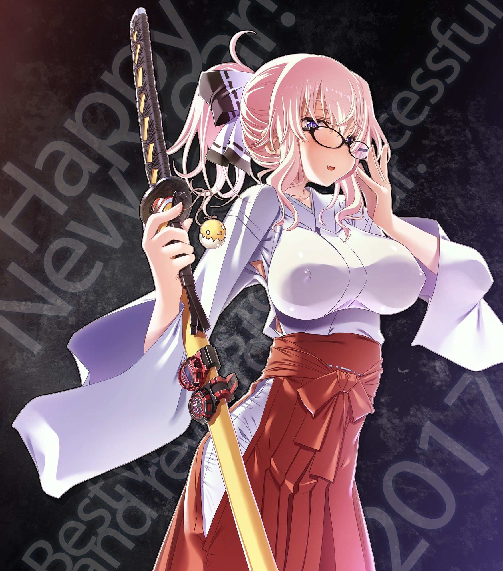 hard nipples, Pink hair, Happy new year, New Year, Japanese clothes, Glasses, Sword, Anime, Anime girls, Fangs Wallpaper