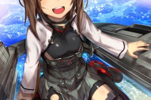 brunette, Open mouth, Kantai Collection, Taihou (KanColle), Thigh highs, Torn clothes, Sea, Smiling, Anime, Anime girls