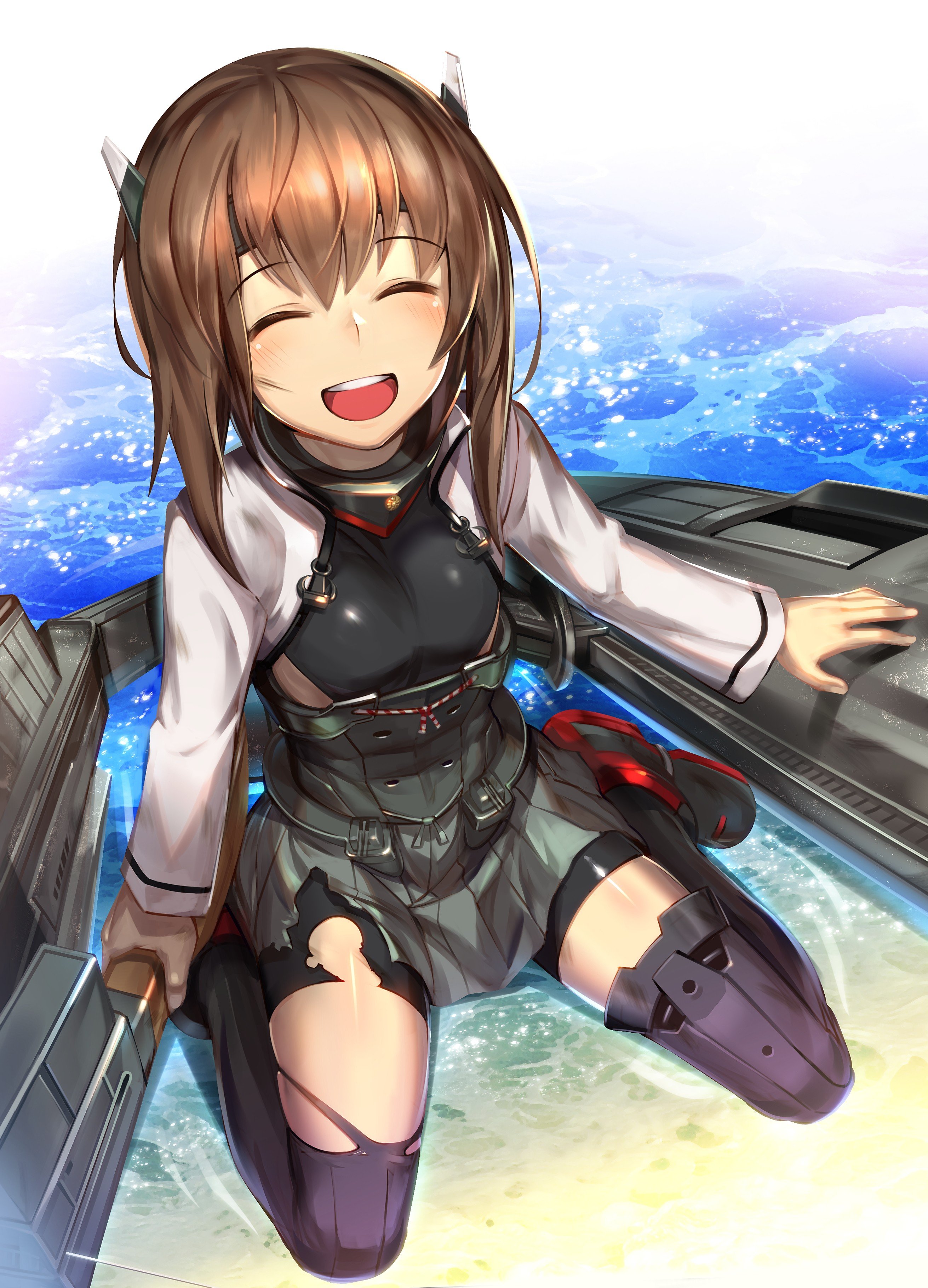 brunette, Open mouth, Kantai Collection, Taihou (KanColle), Thigh highs,  Torn clothes, Sea, Smiling, Anime, Anime girls HD Wallpapers / Desktop and  Mobile Images & Photos