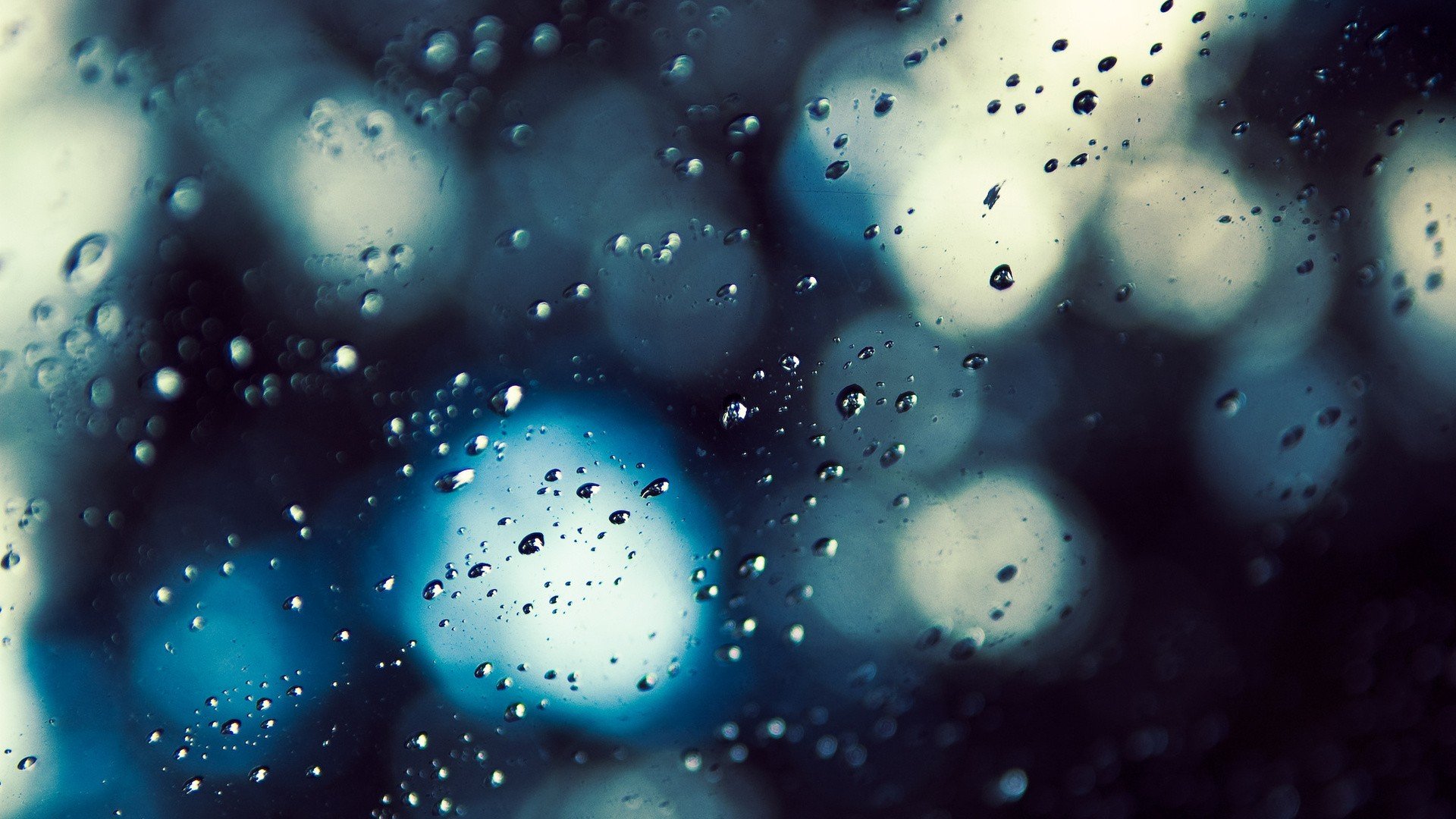 water drops, Glass, Blurred, Bokeh, Blue, Water on glass Wallpaper