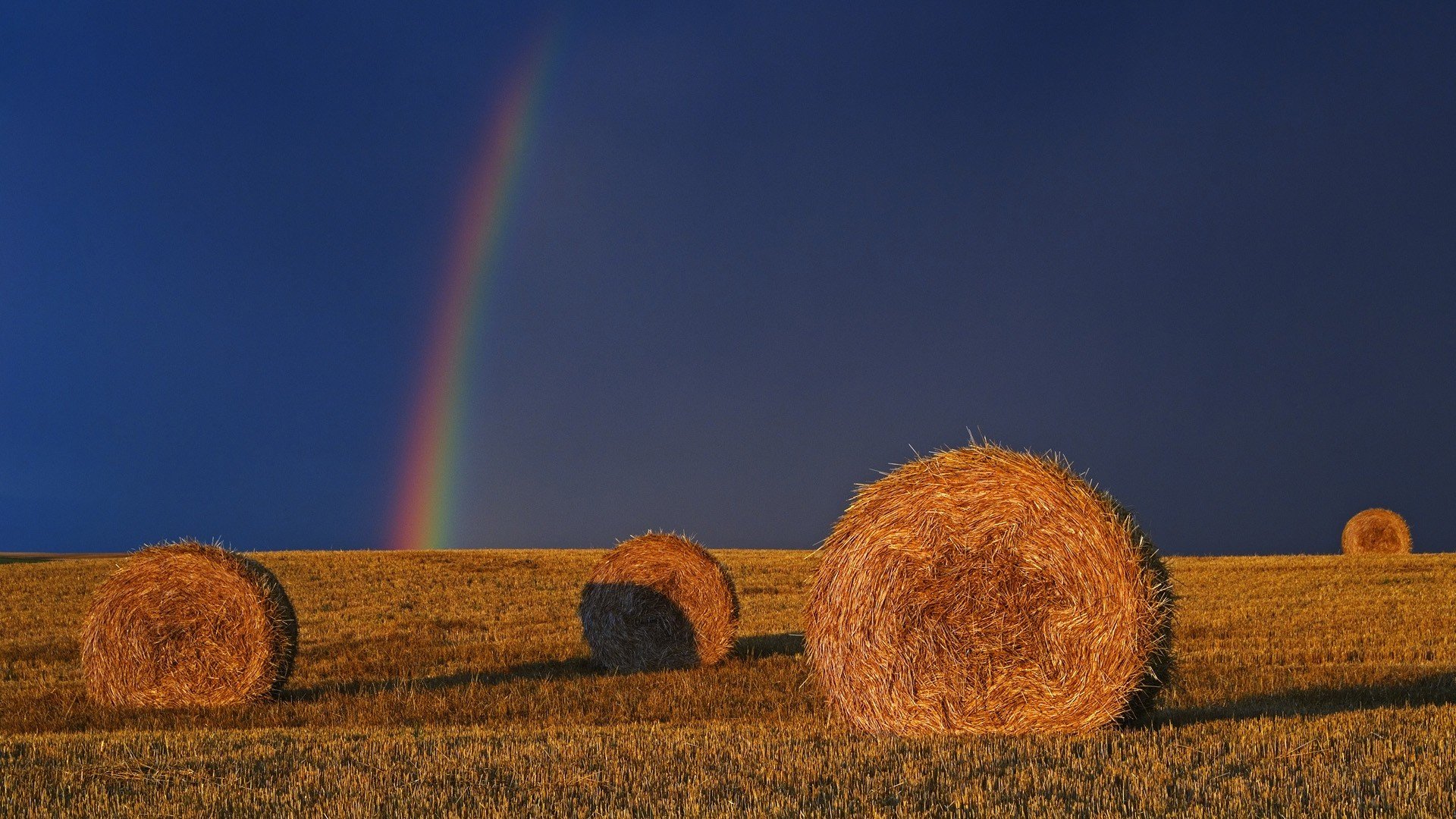 rainbows, Haystacks, Field, Sunlight Wallpaper