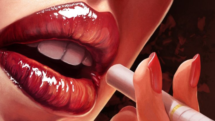 lips, Red lipstick, Painting, Smoking HD Wallpaper Desktop Background