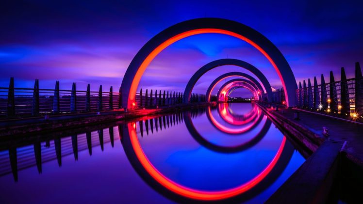 Scotland, Falkirk Wheel, Reflection, Architecture, Night, UK HD Wallpaper Desktop Background