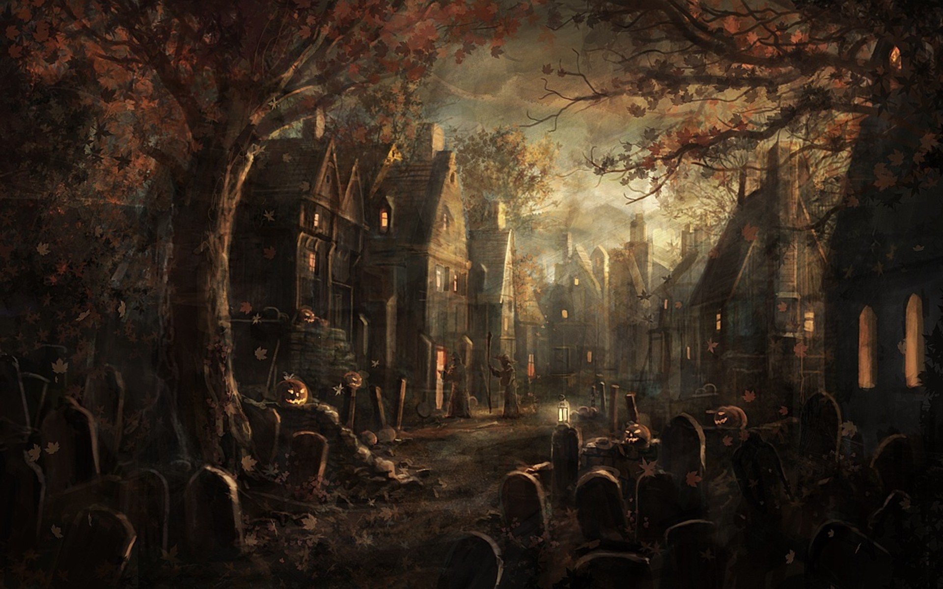 Halloween, Tombstones, Pumpkin, Fall, Leaves, Village Wallpaper