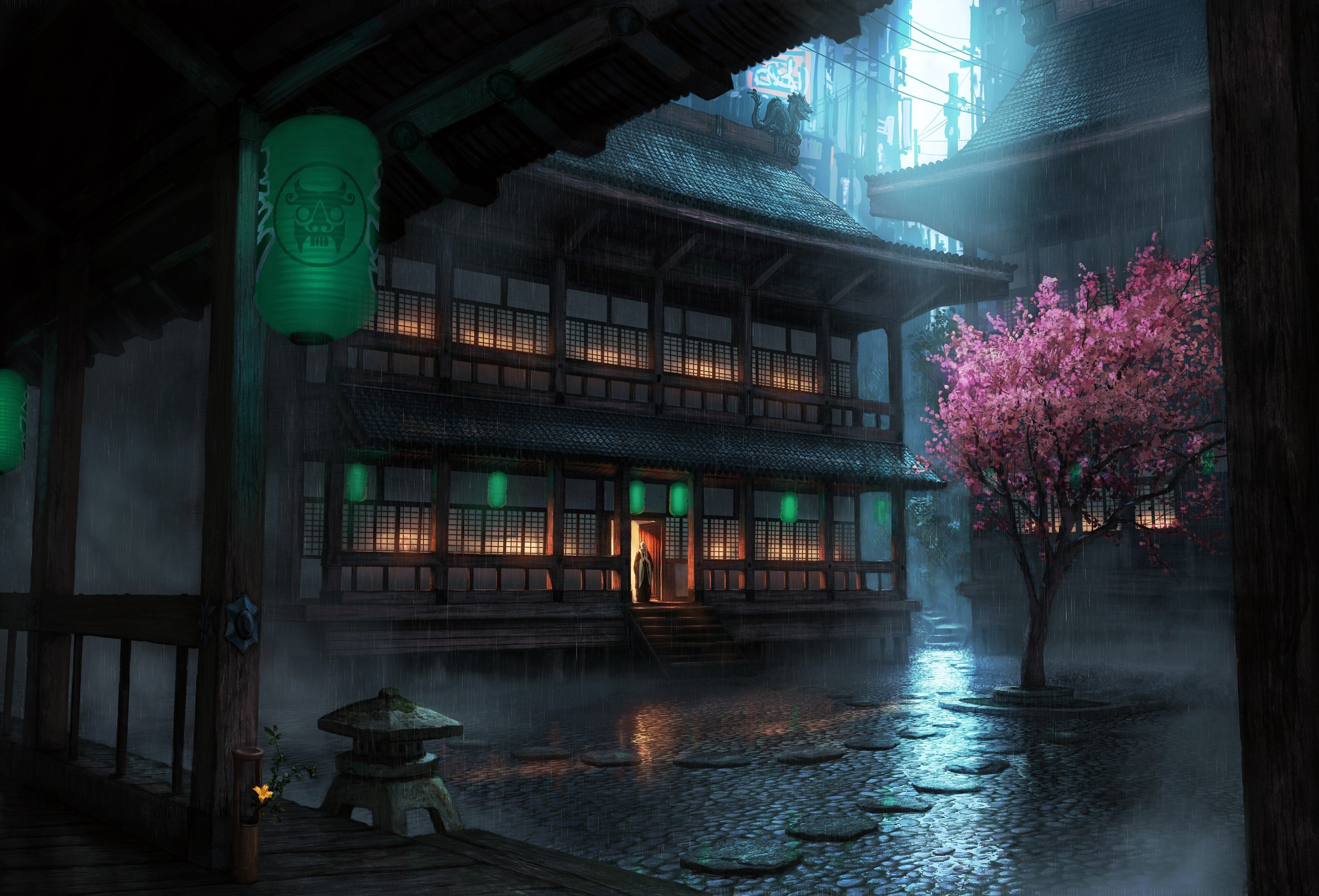 Japan, Rain, Lantern Wallpaper