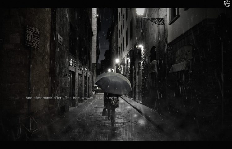 umbrella, Rain, Mist, Street, Alleyway, Adobe Photoshop, Photo manipulation, Emotions HD Wallpaper Desktop Background