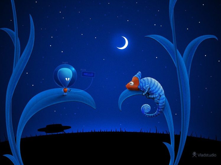 Vladstudio, Aliens, UFO, Moon, Chameleons HD Wallpaper Desktop Background