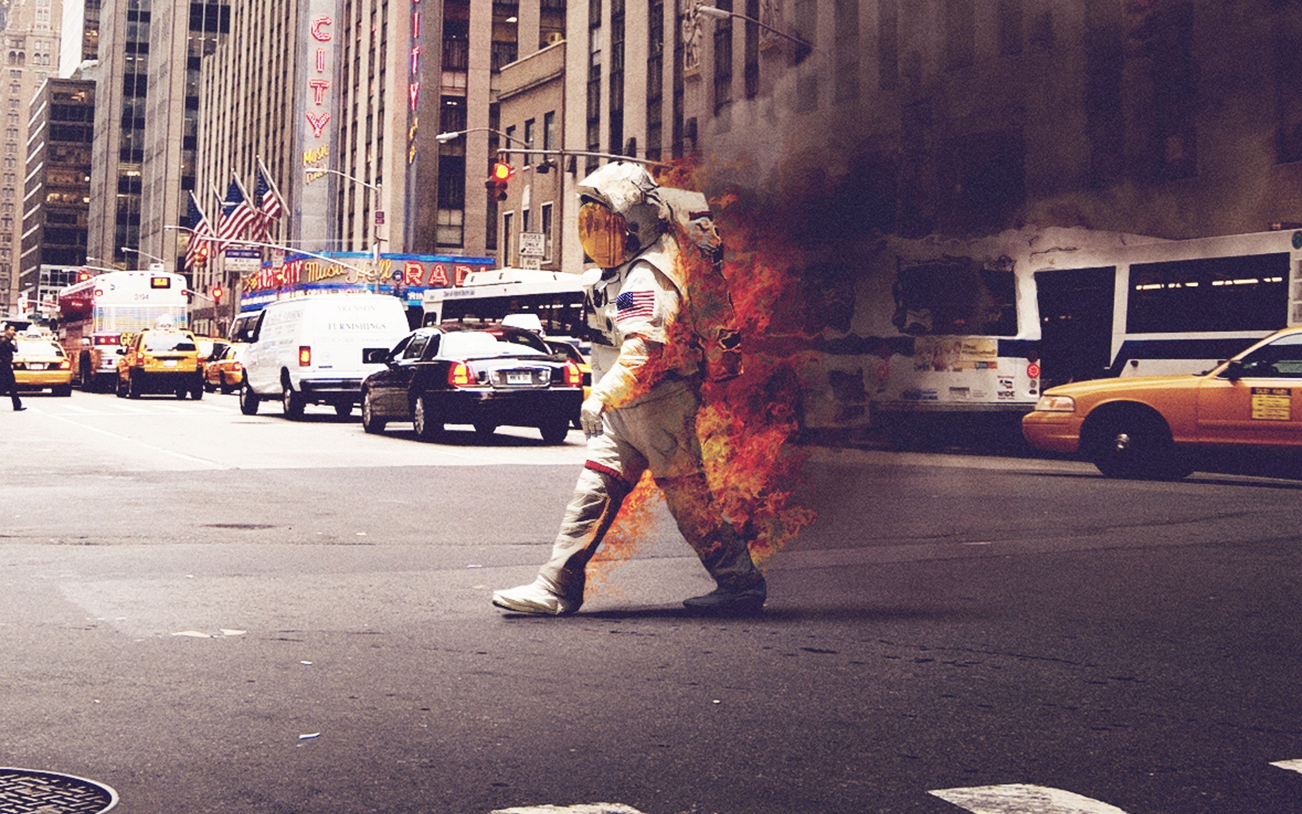 astronaut, Fire, Cityscape Wallpaper