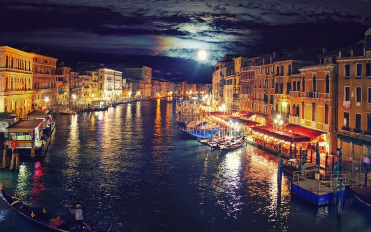 canal, Gondolas, Cityscape, Lights, Moon, Venice, Italy HD Wallpaper Desktop Background