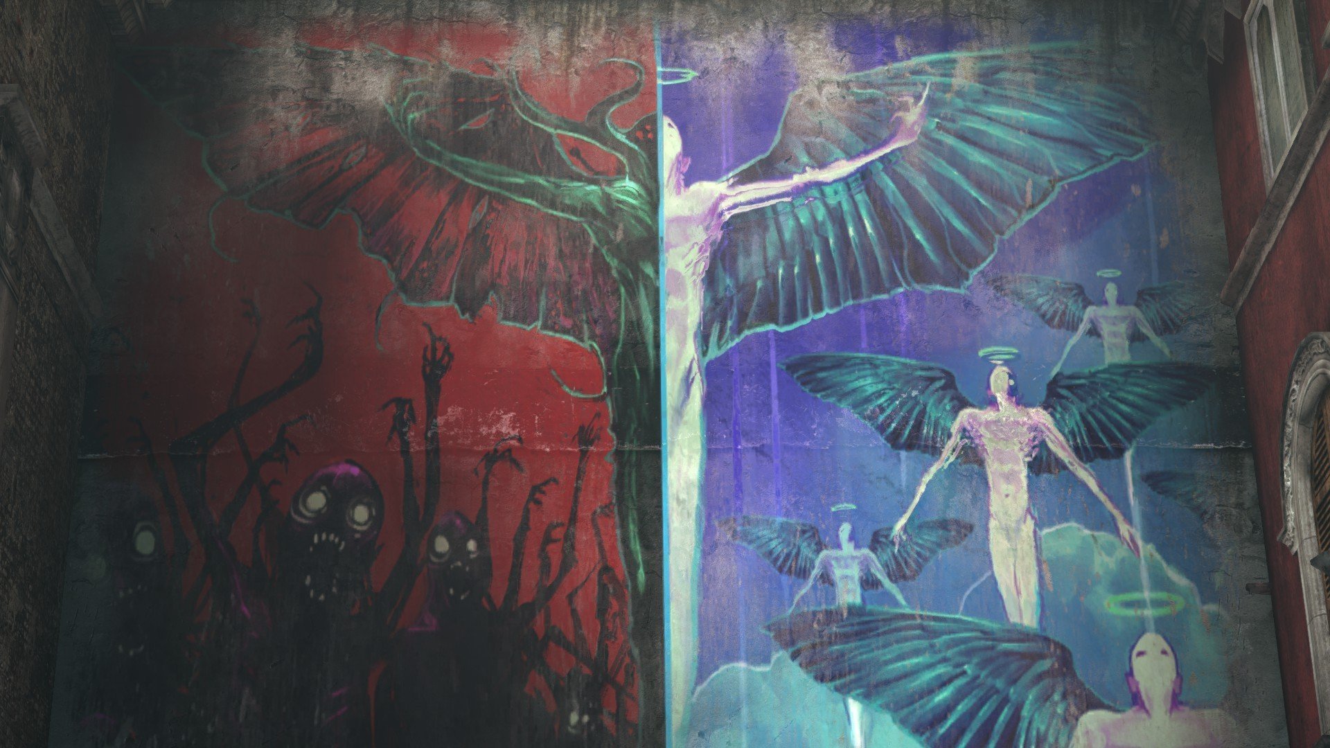 demon, Heaven and Hell, Graffiti, Walls, Wings, Halo, DmC: Devil May Cry Wallpaper
