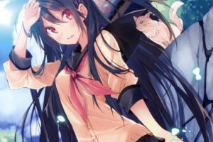 anime girls, School uniform, Red eyes, Black hair