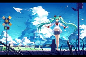 Vocaloid, Hatsune Miku, Anime girls, Twintails, Clouds, Paperplanes