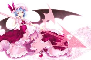 Touhou, Anime girls, Remilia Scarlet, Wings, Silver hair, Red eyes