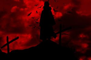 silhouette, Uchiha Itachi, Red, Raven, Cross