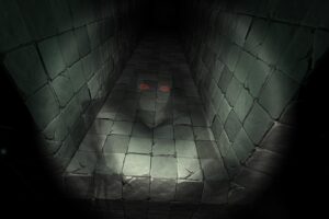 creepy, Red eyes, Digital art, Minimalism, Ghost, Dark, Hallway, Tiles, Horror, Crystal Rift, Video games