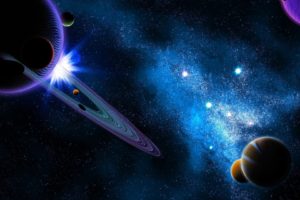 digital art, Space art, Space, Universe, Stars, Planet, Sun, Glowing, Planetary rings, Galaxy, Nebula