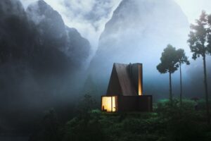 cabin, Forest, Wood, Night, Mountains, Lights, House, Mist