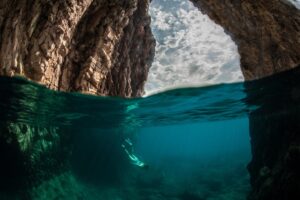 nature, Rock, Divers, Sea, Water, Underwater, Split view