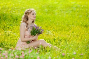 women, Nature, Model, Dress, Women outdoors, Long hair, Blonde, Closed eyes, Field, Grass, Flowers, Sitting