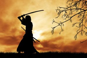samurai, Japanese clothes, Katana, Silhouette, Trees, Branch, Grass, Clouds, Sun, Digital art, Sword