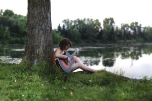women, Model, Brunette, Long hair, Sitting, Nature, Trees, Forest, Barefoot, Guitar, Playing, Grass, Water