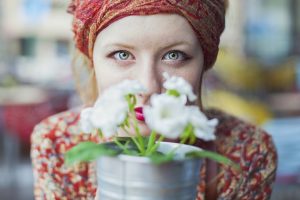 women, Face, Green eyes, Redhead, Freckles, Flowers, Red lipstick