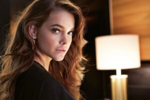 women, Model, Brunette, Long hair, Looking at viewer, Face, Barbara Palvin, Blue eyes, Lamps, Open mouth, Black dress