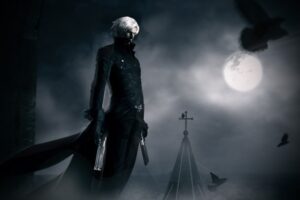 Devil May Cry, Dante, Gun, White hair, Moon